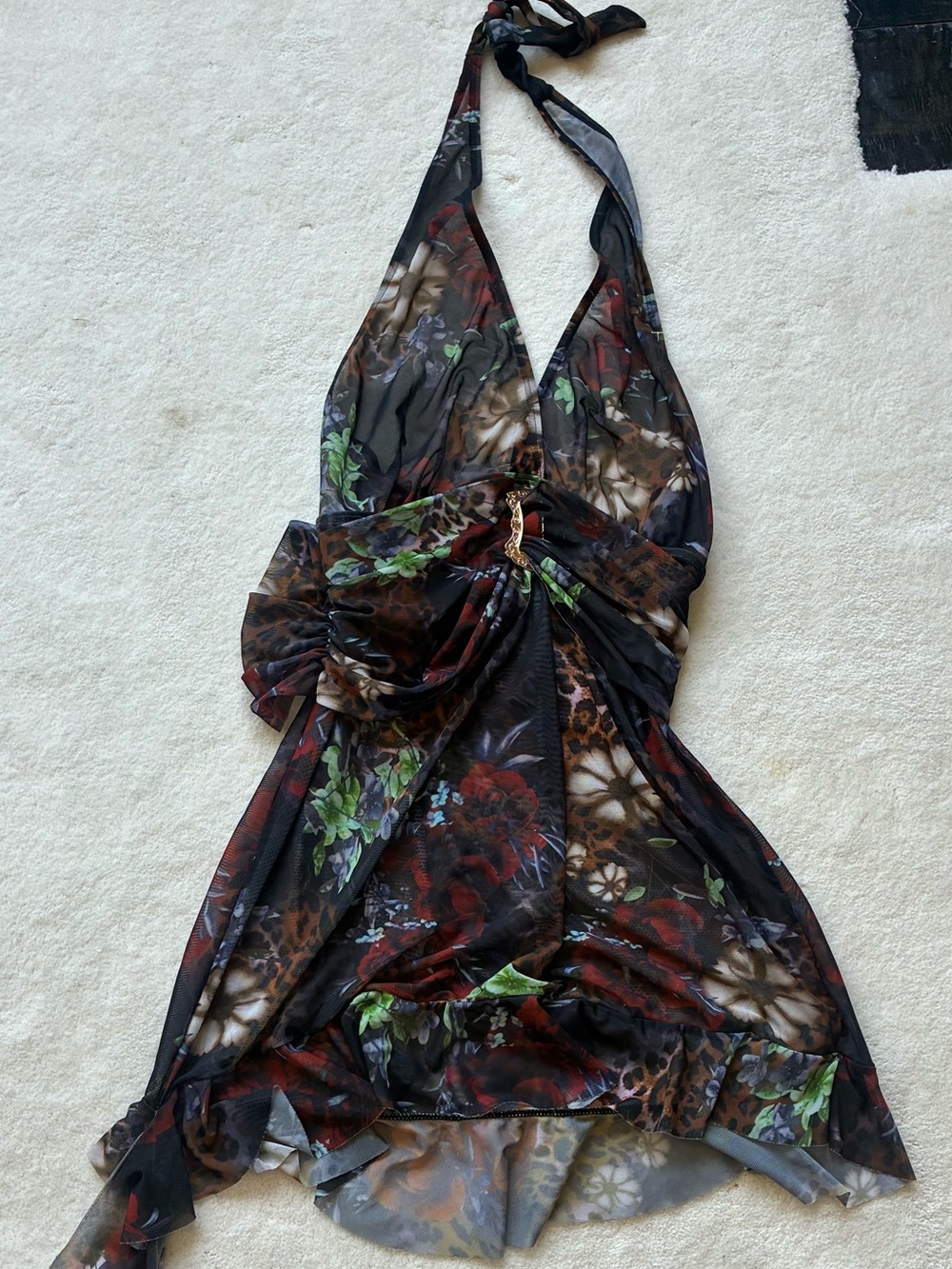 PrettyLittleThing Black Sheer Floral Halter Slip Dress with Multicolor Accents